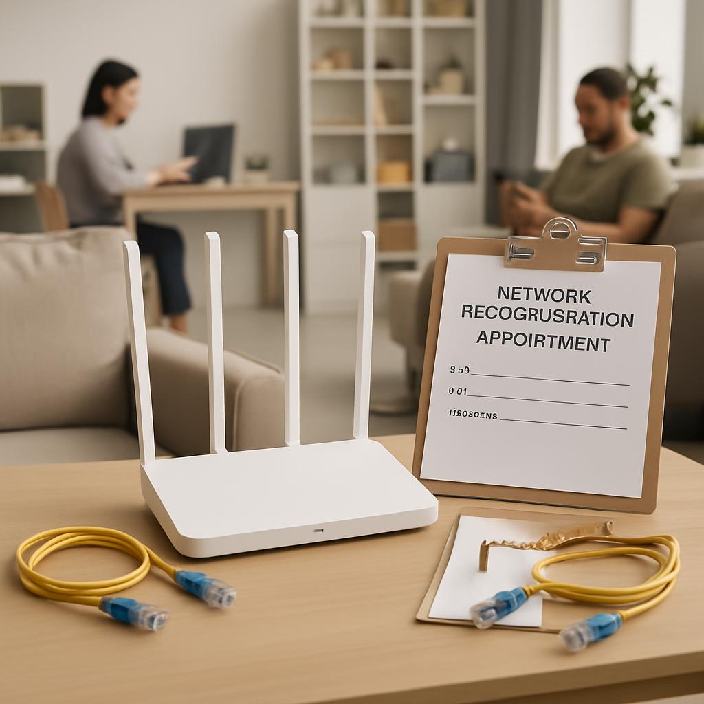 A table holds a white router, a clipboard with 'NETWORK RECOGNITION APPOINTMENT,' yellow Ethernet cables, and an appointme...